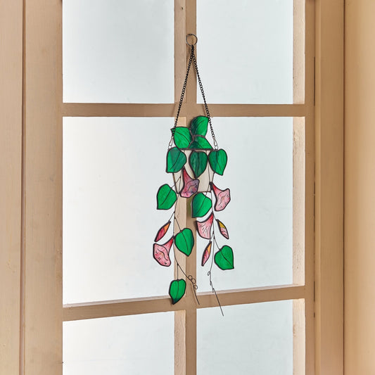 Pink Morning Glory Stained Glass Suncatcher: Boho Window Decor