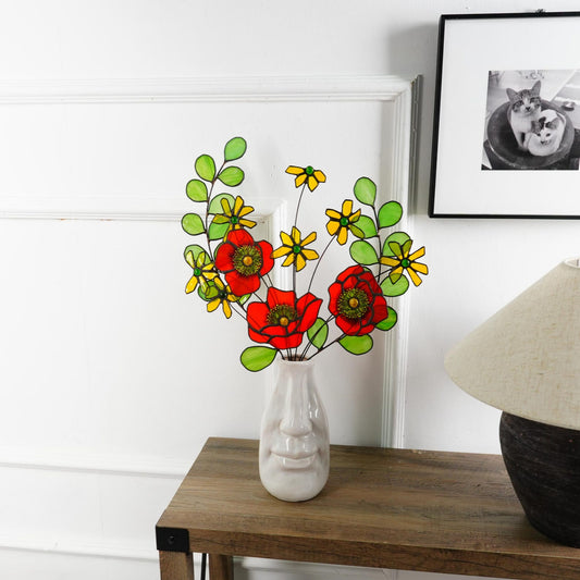 Handmade Stained Glass Poppy & Daisy Bouquet: Floral Home Decor