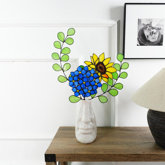 Stained Glass Sunflower and Hydrangea Bouquet – Colorful Floral Home Decor