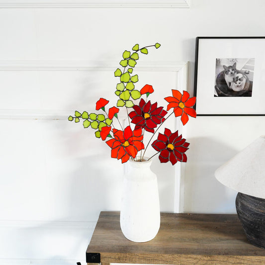 Stained glass Dahlia bouquet and Eucalyptus-Spring home decor