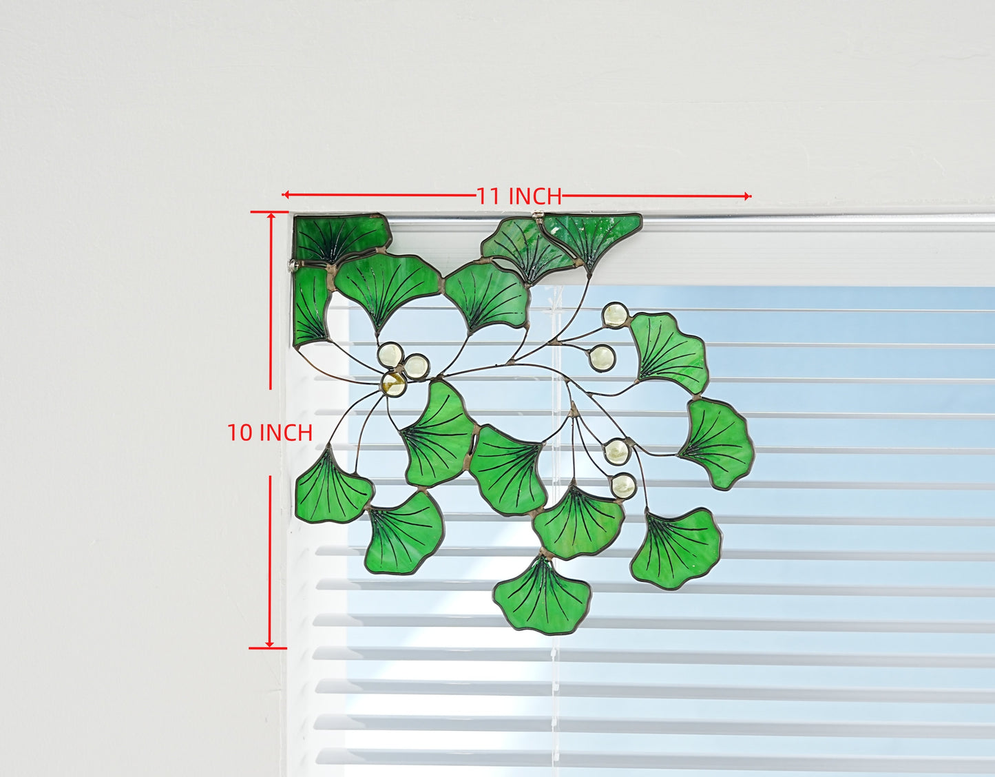 Green Gingko stained glass window corner-window corners-Gingko leaves decor-Garden deocr-Nature-inspired-Unique home design-suncatcher