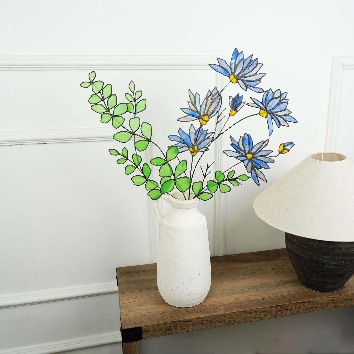 Stained glass Aster and Eucalyptus Bouquet:Minimalist Home Decor