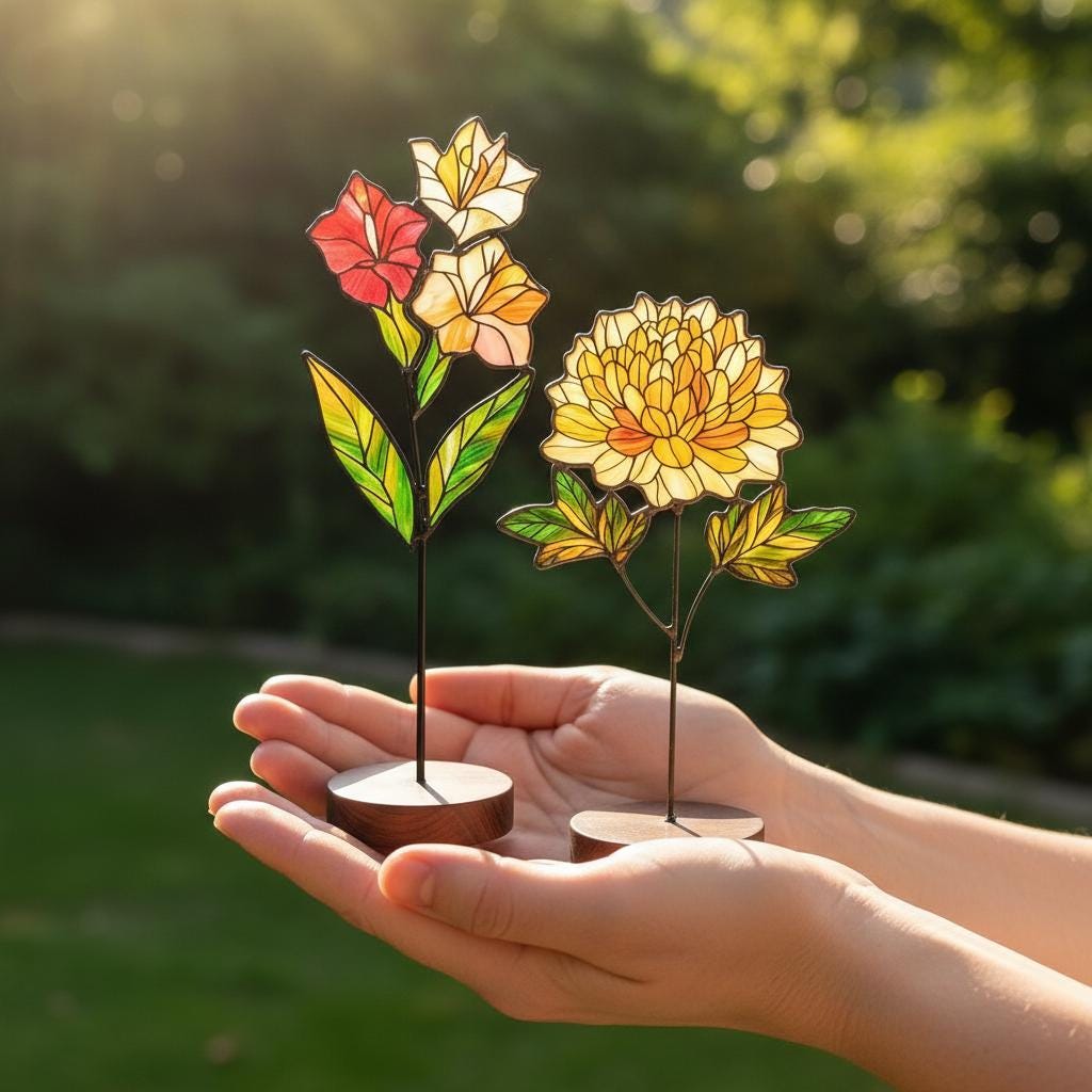 Custom Stained Glass Birth Month Flower Bouquet, Personalized Plant Stake