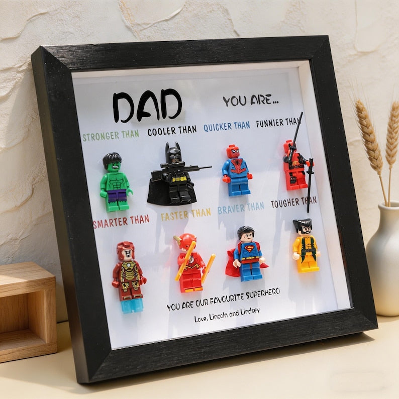 Custom Superhero Minifigure Frame, Personalized Dad Grandpa Gift, Black White Shadow Box