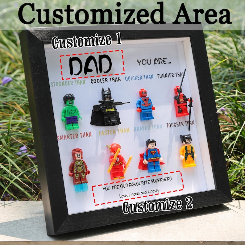 Custom Superhero Minifigure Frame, Personalized Dad Grandpa Gift, Black White Shadow Box