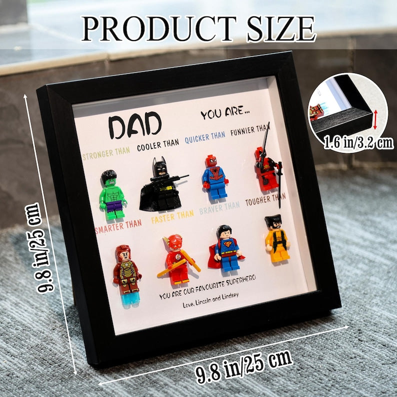 Custom Superhero Minifigure Frame, Personalized Dad Grandpa Gift, Black White Shadow Box