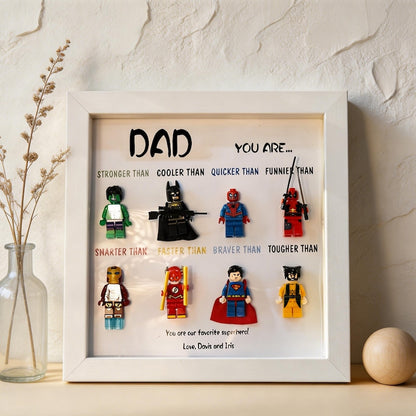 Custom Superhero Minifigure Frame, Personalized Dad Grandpa Gift, Black White Shadow Box