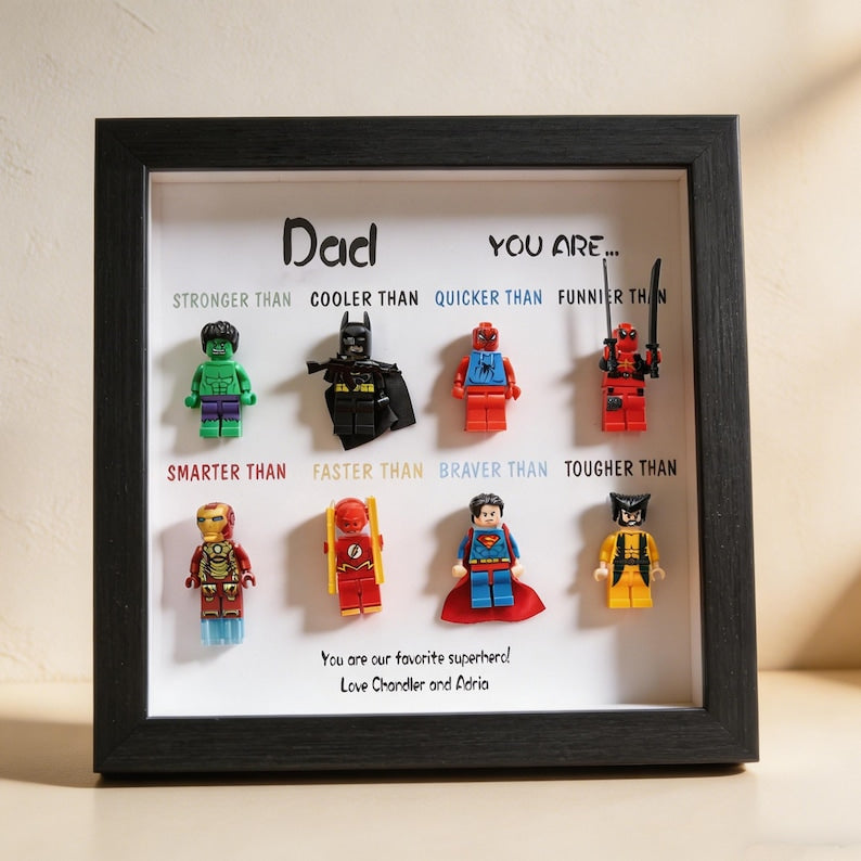 Custom Superhero Minifigure Frame, Personalized Dad Grandpa Gift, Black White Shadow Box