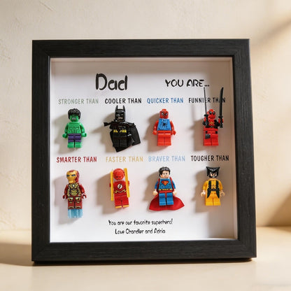 Custom Superhero Minifigure Frame, Personalized Dad Grandpa Gift, Black White Shadow Box