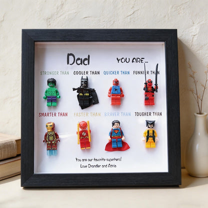 Custom Superhero Minifigure Frame, Personalized Dad Grandpa Gift, Black White Shadow Box