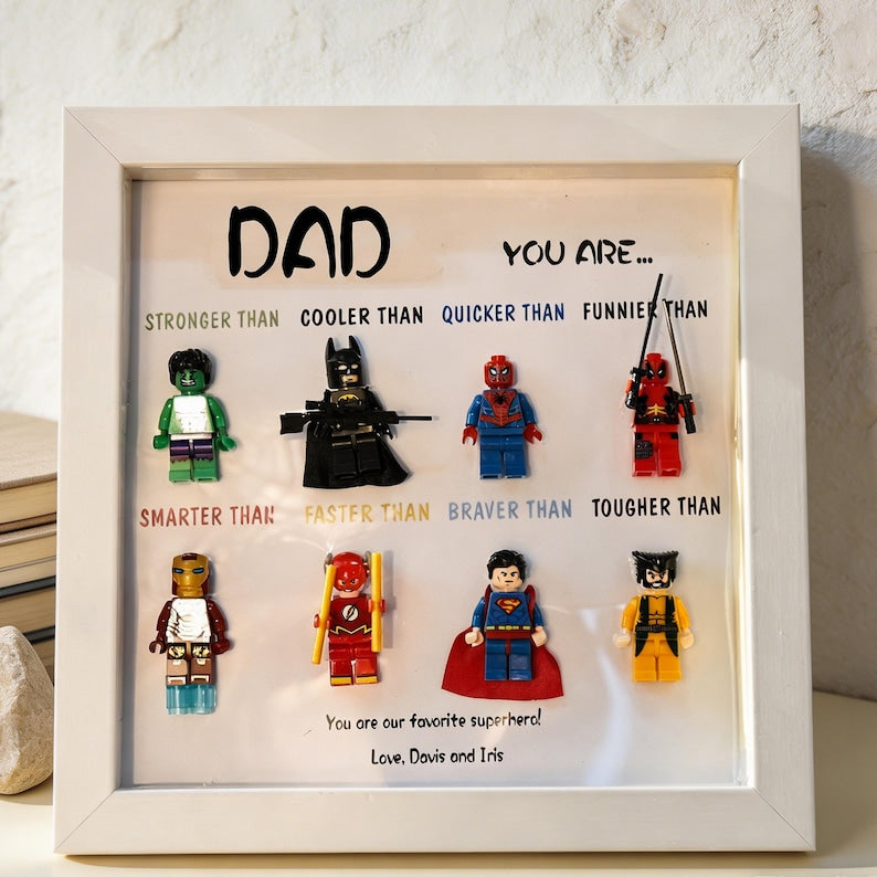 Custom Superhero Minifigure Frame, Personalized Dad Grandpa Gift, Black White Shadow Box