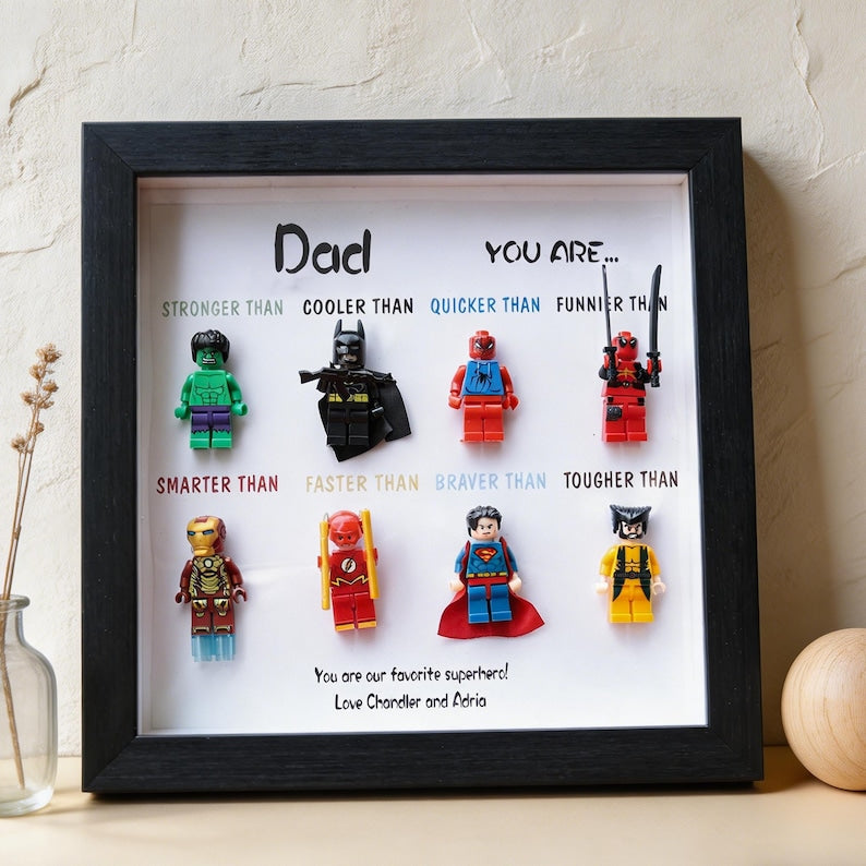 Custom Superhero Minifigure Frame, Personalized Dad Grandpa Gift, Black White Shadow Box