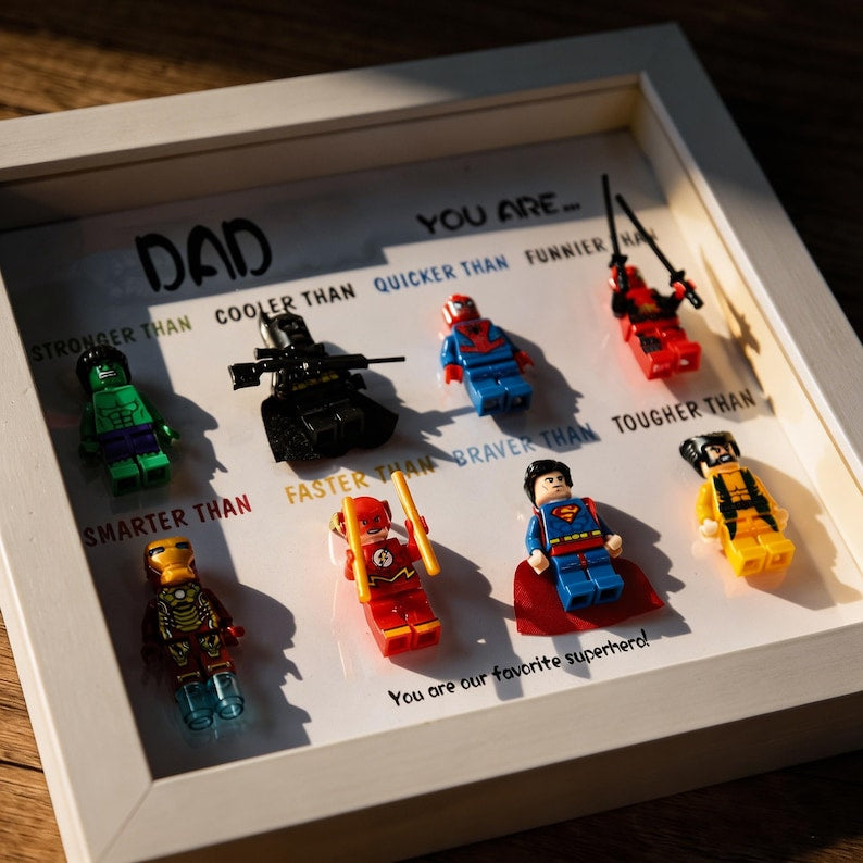 Custom Superhero Minifigure Frame, Personalized Dad Grandpa Gift, Black White Shadow Box