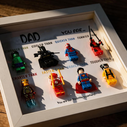 Custom Superhero Minifigure Frame, Personalized Dad Grandpa Gift, Black White Shadow Box