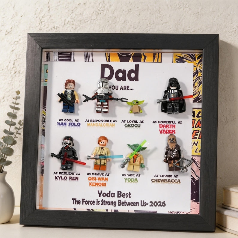 Custom Superhero Minifigure Frame, Personalized Dad Grandpa Gift, Black White Shadow Box