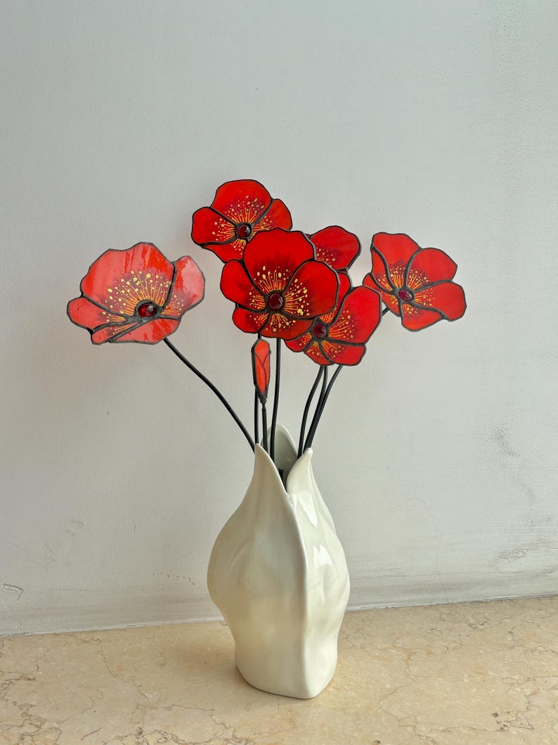 California Poppy Stained Glass Bouquet - Set of 7 Handcrafted Orange Poppy Flowers - Forever Flower Suncatcher - Birthday Gift for Her