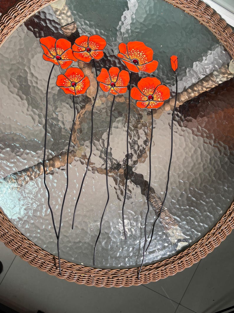 California Poppy Stained Glass Bouquet - Set of 7 Handcrafted Orange Poppy Flowers - Forever Flower Suncatcher - Birthday Gift for Her