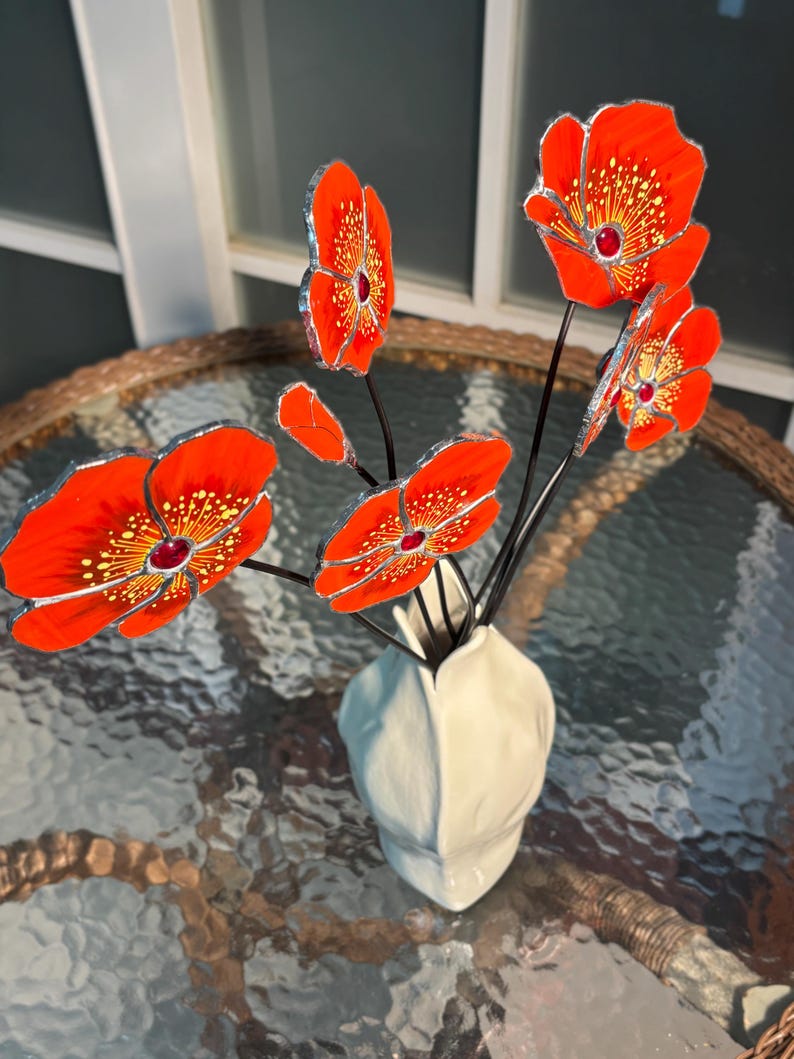 California Poppy Stained Glass Bouquet - Set of 7 Handcrafted Orange Poppy Flowers - Forever Flower Suncatcher - Birthday Gift for Her