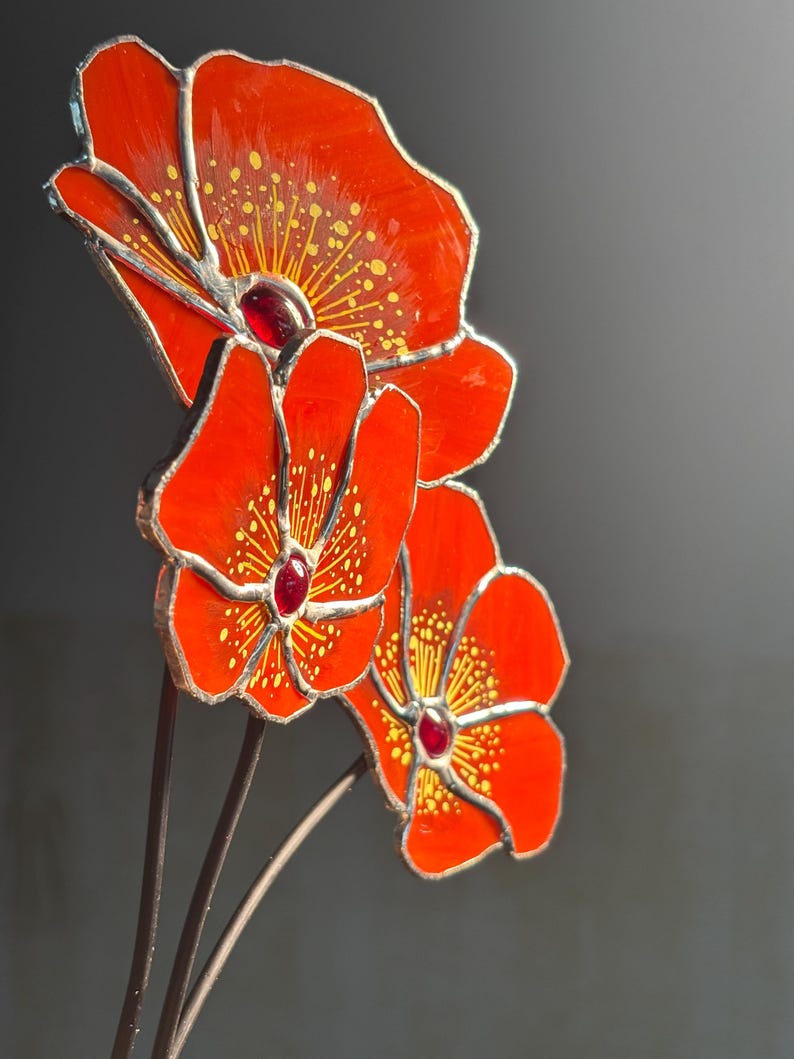 California Poppy Stained Glass Bouquet - Set of 7 Handcrafted Orange Poppy Flowers - Forever Flower Suncatcher - Birthday Gift for Her