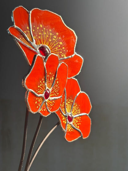 California Poppy Stained Glass Bouquet - Set of 7 Handcrafted Orange Poppy Flowers - Forever Flower Suncatcher - Birthday Gift for Her