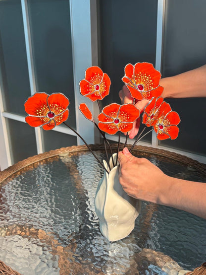 California Poppy Stained Glass Bouquet - Set of 7 Handcrafted Orange Poppy Flowers - Forever Flower Suncatcher - Birthday Gift for Her