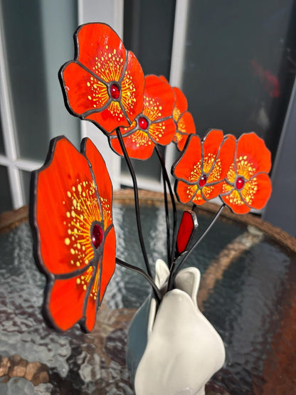 California Poppy Stained Glass Bouquet - Set of 7 Handcrafted Orange Poppy Flowers - Forever Flower Suncatcher - Birthday Gift for Her