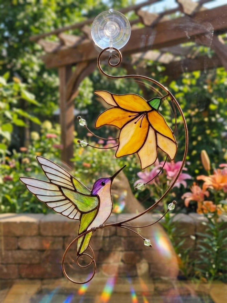 Hummingbird Stained Glass Suncatcher, Flower Glass Window Hanging, Mothers Day Gift for Mom, Grandma Birthday Gift, Bird Lover Decor, Floral