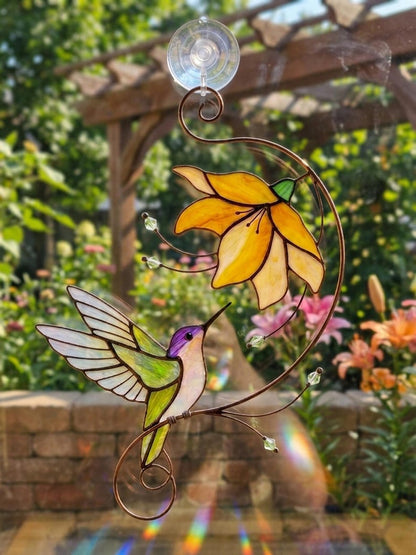 Hummingbird Stained Glass Suncatcher, Flower Glass Window Hanging, Mothers Day Gift for Mom, Grandma Birthday Gift, Bird Lover Decor, Floral