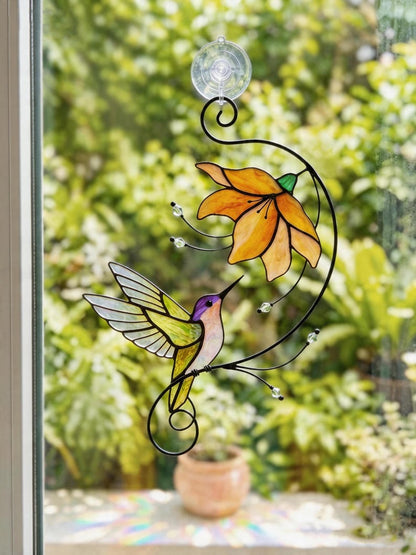 Hummingbird Stained Glass Suncatcher, Flower Glass Window Hanging, Mothers Day Gift for Mom, Grandma Birthday Gift, Bird Lover Decor, Floral