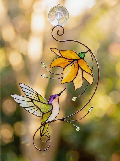 Hummingbird Stained Glass Suncatcher, Flower Glass Window Hanging, Mothers Day Gift for Mom, Grandma Birthday Gift, Bird Lover Decor, Floral