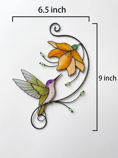 Hummingbird Stained Glass Suncatcher, Flower Glass Window Hanging, Mothers Day Gift for Mom, Grandma Birthday Gift, Bird Lover Decor, Floral