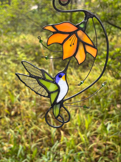 Hummingbird Stained Glass Suncatcher, Flower Glass Window Hanging, Mothers Day Gift for Mom, Grandma Birthday Gift, Bird Lover Decor, Floral