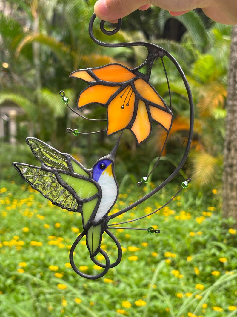 Hummingbird Stained Glass Suncatcher, Flower Glass Window Hanging, Mothers Day Gift for Mom, Grandma Birthday Gift, Bird Lover Decor, Floral