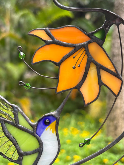 Hummingbird Stained Glass Suncatcher, Flower Glass Window Hanging, Mothers Day Gift for Mom, Grandma Birthday Gift, Bird Lover Decor, Floral