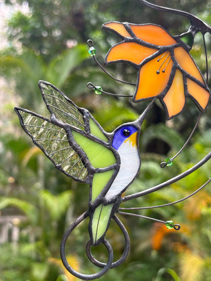 Hummingbird Stained Glass Suncatcher, Flower Glass Window Hanging, Mothers Day Gift for Mom, Grandma Birthday Gift, Bird Lover Decor, Floral