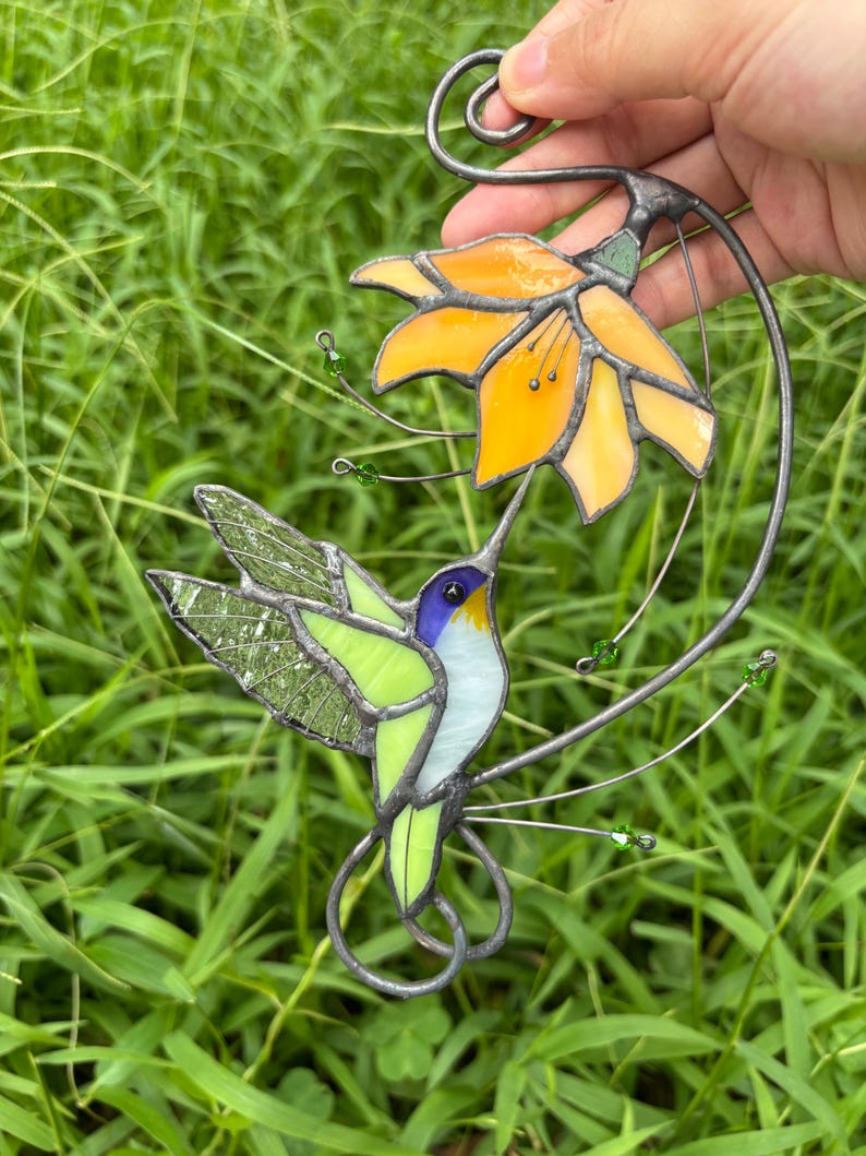 Hummingbird Stained Glass Suncatcher, Flower Glass Window Hanging, Mothers Day Gift for Mom, Grandma Birthday Gift, Bird Lover Decor, Floral