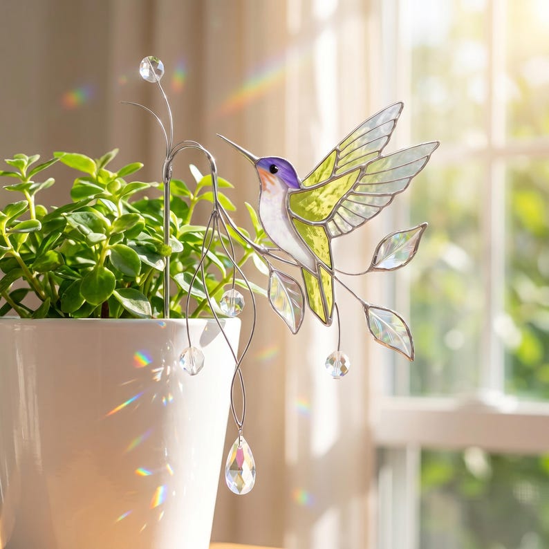 Stained Glass Hummingbird Plant Stake, Tiffany Style Pot Hugger, Plant Accessories, Garden Decor, Suncatcher Plant Ornament, Gift for Plant