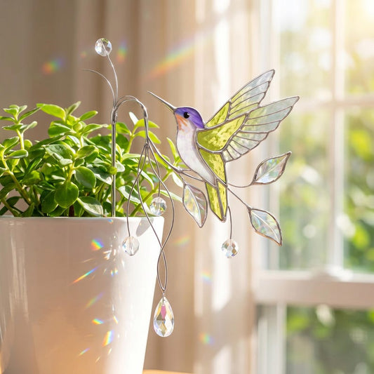 Stained Glass Hummingbird Plant Stake, Tiffany Style Pot Hugger, Plant Accessories, Garden Decor, Suncatcher Plant Ornament, Gift for Plant