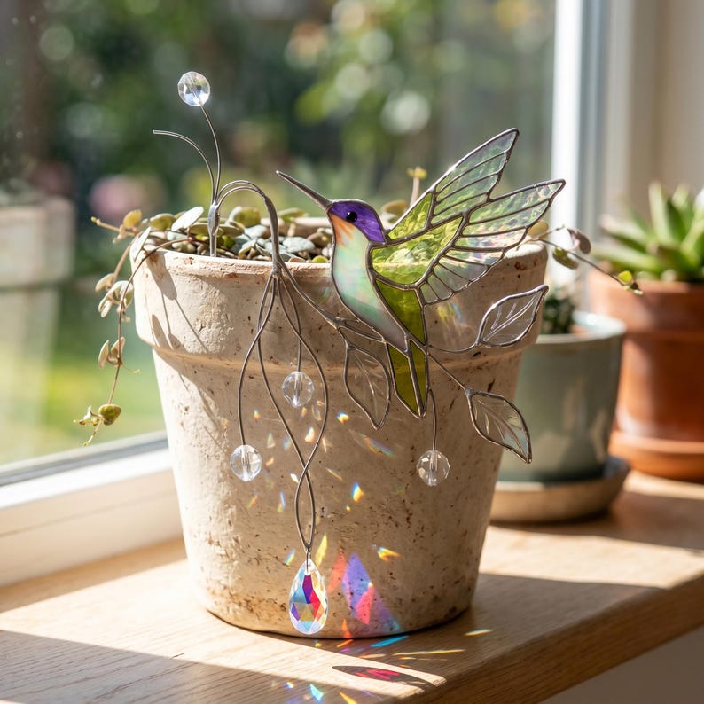 Stained Glass Hummingbird Plant Stake, Tiffany Style Pot Hugger, Plant Accessories, Garden Decor, Suncatcher Plant Ornament, Gift for Plant