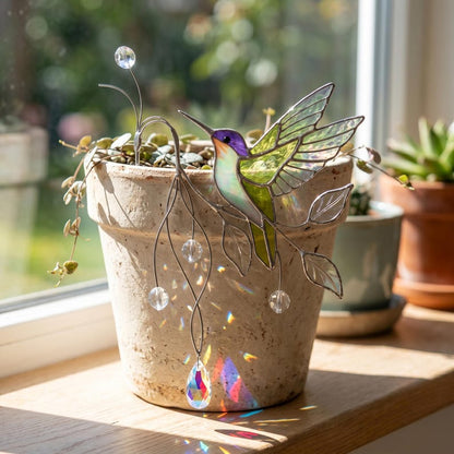 Stained Glass Hummingbird Plant Stake, Tiffany Style Pot Hugger, Plant Accessories, Garden Decor, Suncatcher Plant Ornament, Gift for Plant