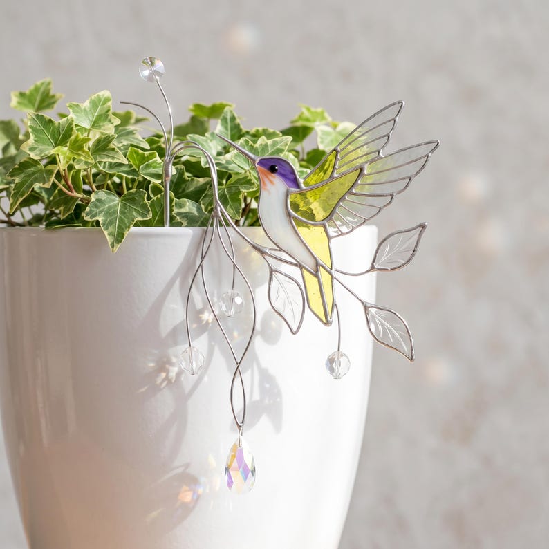 Stained Glass Hummingbird Plant Stake, Tiffany Style Pot Hugger, Plant Accessories, Garden Decor, Suncatcher Plant Ornament, Gift for Plant