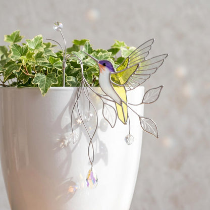 Stained Glass Hummingbird Plant Stake, Tiffany Style Pot Hugger, Plant Accessories, Garden Decor, Suncatcher Plant Ornament, Gift for Plant