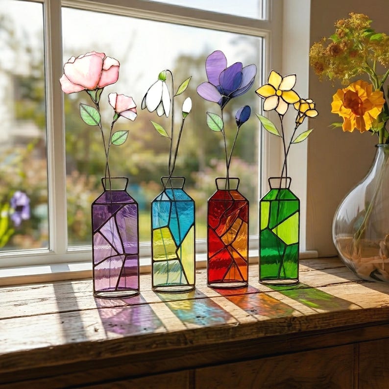 Personalized Birthflower Stained Glass Suncatcher - Custom Botanical Bouquet Gift for Mother's Day, Anniversary, or Birthday