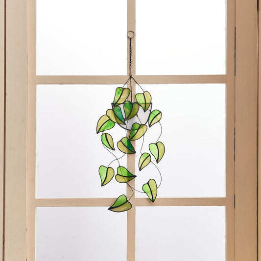 Stained Glass Hanging Plant Suncatcher, Boho Home Decor (15.5'' H)