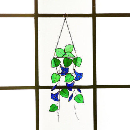 Blue Morning Glory Stained Glass Suncatcher - Boho Window Decor