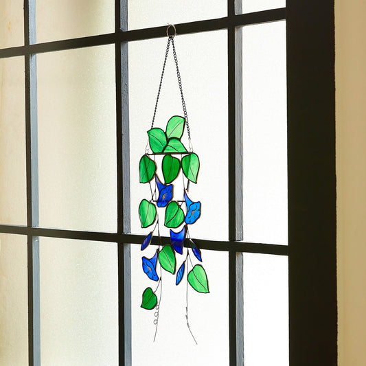 Blue Morning Glory Stained Glass Suncatcher - Boho Window Decor