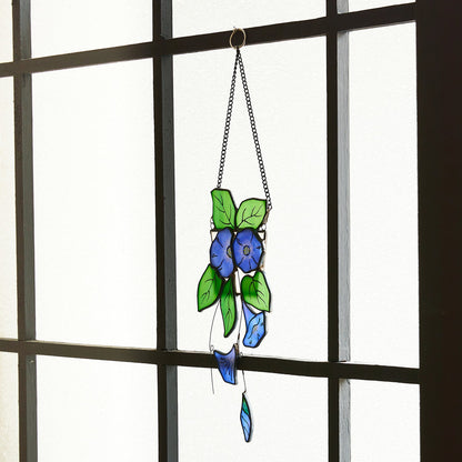 Blue Morning Glory Stained Glass Suncatcher - Boho Window Decor