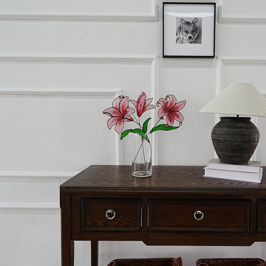 Pink Lily Stained Glass Flowers, Set of 3, Handmade Home Decor