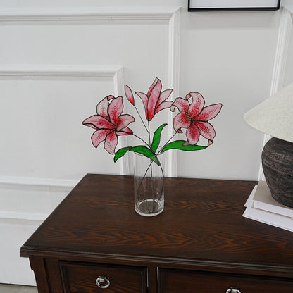 Pink Lily Stained Glass Flowers, Set of 3, Handmade Home Decor
