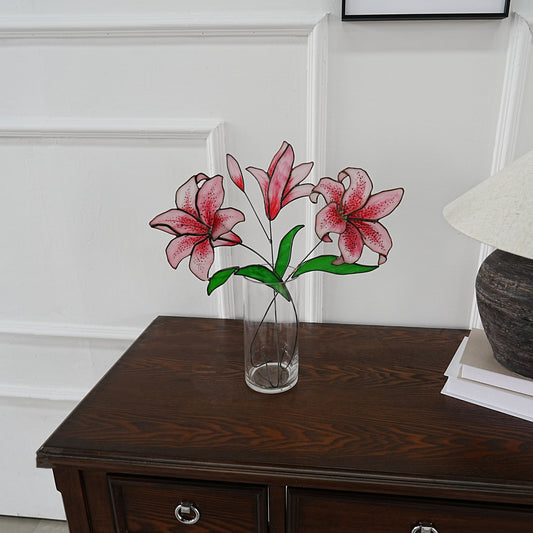 Pink Lily Stained Glass Flowers, Set of 3, Handmade Home Decor